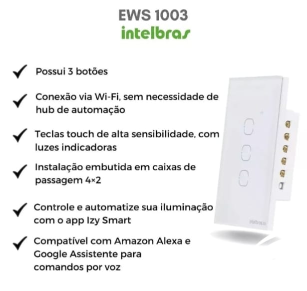 Interruptor Inteligente Wi Fi 3 Botões Touch Alexa Intelbras