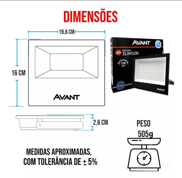 Refletor Slim Led 100w 6500k Ip65 7500 Lumens Avant