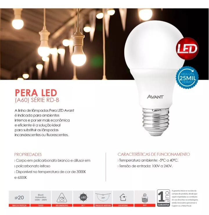 Lâmpadas Led 9w Bulbo Avant 6500k Branco Frio Luz Branca Luz Branco-frio 110V/220V