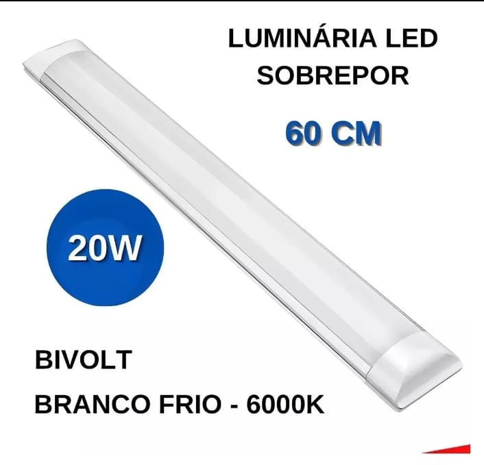 Luminária Tubular Sobrepor Led Linear 60cm 18w Branco Frio