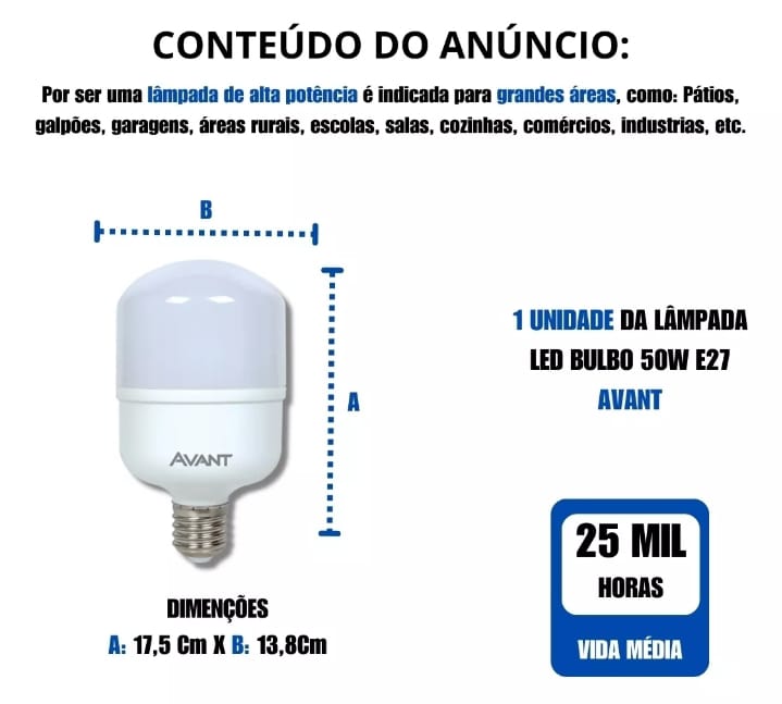 Lâmpada Led Bulbo 50w Avant Branco Frio 6500k Alta Potência